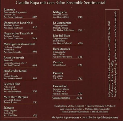CD - Claudiu Rupa mit dem Salon Ensemble Sentimental